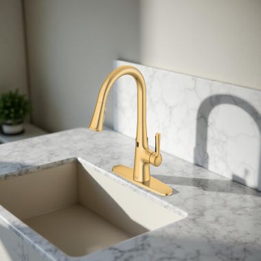 Click here to see American Standard 7441381.GN0 American Standard Southport Touchless Single-Handle Pull-Down Dual Spray Kitchen Faucet, Drip-Free, ADA-Compliant, Brushed Cool Sunrise - 7441381.GN0