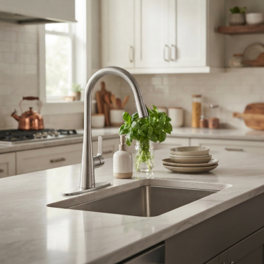 Click here to see American Standard 7442381.075 American Standard Calusa Single Handle Pull-Down Kitchen Faucet, Lever Handle, ADA, 1.8 GPM, Stainless Steel - 7442300.075 