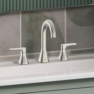 Click here to see American Standard 7061801.295 American Standard Aspirations Two-Handle Widespread Lavatory Faucet w/ Pop-Up, 1.2 GPM, Brushed Nickel - 7061801.295