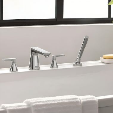 Click here to see American Standard T061901.002 American Standard Aspirations Two-Handle Roman Tub Faucet w/ 1.8 GPM Hand Shower, Polished Chrome - T061901.002