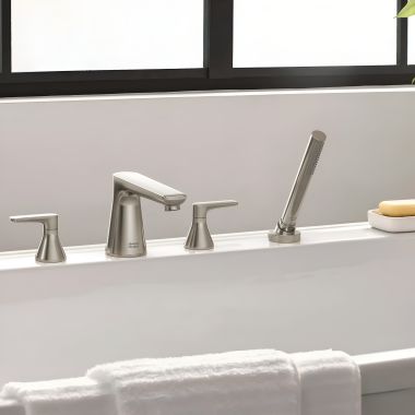 Click here to see American Standard T061901.295 American Standard Aspirations Two-Handle Roman Tub Faucet w/ 1.8 GPM Hand Shower, Brushed Nickel - T061901.295