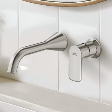 Click here to see American Standard 7061461.295 American Standard Aspirations One-Handle Wall-Mount Bathroom Faucet, 1.2 GPM, Brushed Nickel - 7061461.295