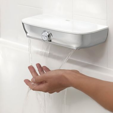 Click here to see American Standard 8888116.002 American Standard Aspirations Waterfall Tub Spout with Push-Button Diverter, Acrylic Top, Polished Chrome - 8888116.002