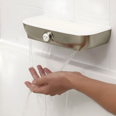 Click here to see American Standard 8888116.295 American Standard Aspirations Waterfall Tub Spout with Push-Button Diverter, Acrylic Top, Brushed Nickel - 8888116.295