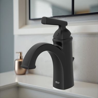 Click here to see American Standard 7018101.243 American Standard Edgemere Single-Hole Bathroom Faucet, Metal Lever Handle, WaterSense, ADA, 1.2 GPM, Matte Black - 7018101.243