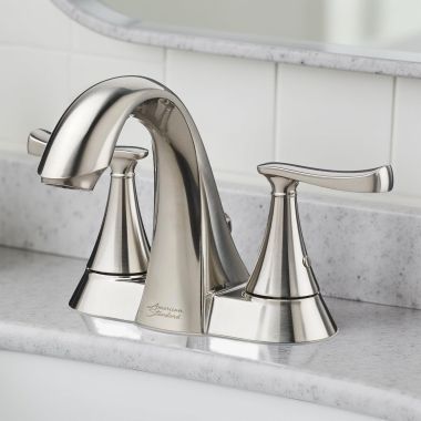 Click here to see American Standard 7413201.295 American Standard Chatfield 4” Centerset Two Handle Bathroom Faucet, ADA, 1.2 GPM, Brushed Nickel - 7413201.295