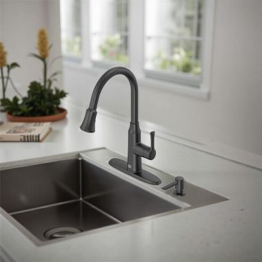 Click here to see American Standard 9391321.243 American Standard Ellis Pull-Down Kitchen Faucet With Soap Dispenser, Drip-Free, ADA, 1.8 GPM, Matte Black - 9391321.243