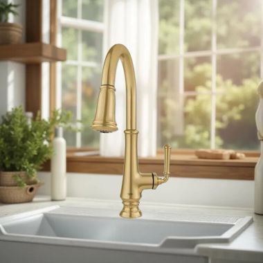 Click here to see American Standard 4279300.GN0 American Standard Delancey Single-Handle Pull-Down Kitchen Faucet with Dual Spray, Smooth Retraction, 1.5 GPM, Brushed Cool Sunrise - 4279300.GN0