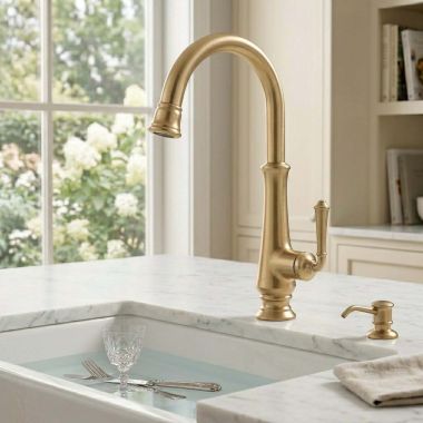 Click here to see American Standard 4279410.GN0 American Standard Delancey Single-Handle Pull-Down Bar Faucet, ADA, Lead Free, 1.5 GPM, Brushed Cool Sunrise - 4279410.GN0
