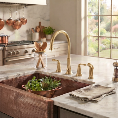 Click here to see American Standard 4279701.GN0 American Standard Delancey Two Handle Widespread Kitchen Faucet with Side Spray, 1.5 GPM, Brushed Cool Sunrise - 4279701.GN0