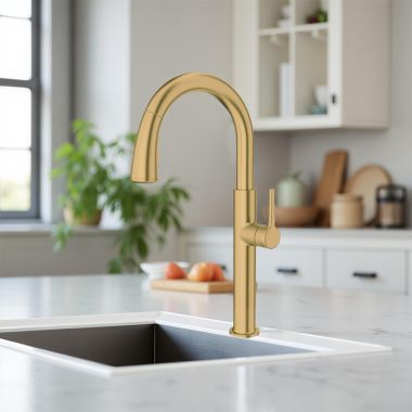 Click here to see American Standard 4803300.GN0 American Standard Studio S Single Handle Pull-Down Kitchen Faucet, Drip-Free, Dual Spray, 1.8 GPM, Brushed Cool Sunrise - 4803300.GN0