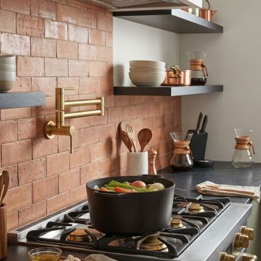 Click here to see American Standard 4803900.GN0 American Standard Studio S Wall-Mount Pot Filler Kitchen Faucet, 4.0 GPM, Brushed Cool Sunrise - 4803900.GN0