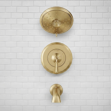 Click here to see American Standard TU052508.GN0 American Standard Delancey Tub and Shower Faucet Kit with 4-Function, Lever Handle, WaterSense, 1.8 GPM, Brushed Cool Sunrise - TU052508.GN0