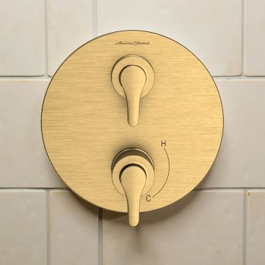 Click here to see American Standard TU105740.GN0 American Standard Studio Valve Trim with Diverter, Round Shape, Two Handle, ADA, Brushed Cool Sunrise - TU105740.GN0