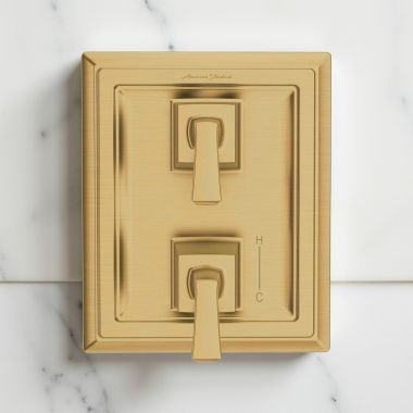 Click here to see American Standard TU455740.GN0 American Standard Town Square S Two Handle Pressure Balance Valve Trim with Diverter, ADA, Brushed Cool Sunrise - TU455740.GN0