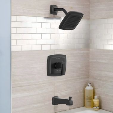 Click here to see American Standard TU353508.243 American Standard Townsend Tub and Shower Faucet with Pressure Balance Cartridge, WaterSense, 1.75 GPM, Matte Black - TU353508.243