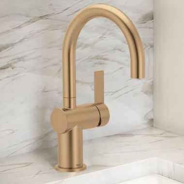 Click here to see   Moen Cia Single-Handle High Arc Bar Faucet w/ 360-Degree Rotating Spout, 1.5 GPM, Bronzed Gold - 5622BZG