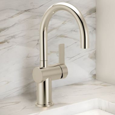 Click here to see   Moen Cia Single-Handle High Arc Bar Faucet w/ 360-Degree Rotating Spout, 1.5 GPM, Polished Nickel - 5622NL