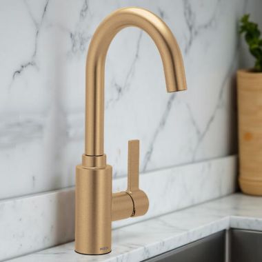 Click here to see   Moen Genta LX Single-Handle High Arc Bar Faucet w/ 125-Degree Limited Rotation, 1.5 GPM, Bronzed Gold - 5882BZG