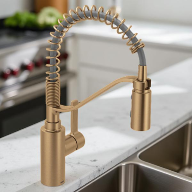 Click here to see   Moen Genta LX Single-Handle Pre-Rinse Spring Pulldown Kitchen Faucet, High Arc, 1.5 GPM, Bronzed Gold - 5926BZG