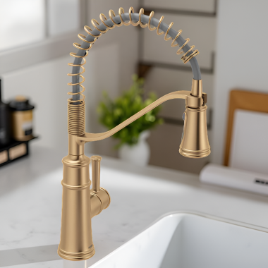 Click here to see   Moen Belfield Single-Handle High Arc Pre-Rinse Spring Pulldown Kitchen Faucet, 1.5 GPM, Bronzed Gold - 5927BZG