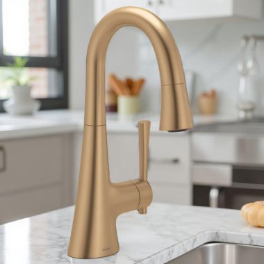 Click here to see   Moen Kurv Single Handle High Arc Pull-Down Bar/Prep Faucet, 1.5 GPM, Bronzed Gold - 6126BZG 