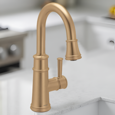 Click here to see   Moen Belfield Single-Handle High Arc Pull-Down Bar/Prep Faucet, 1.5 GPM, Bronzed Gold - 6260BZG 