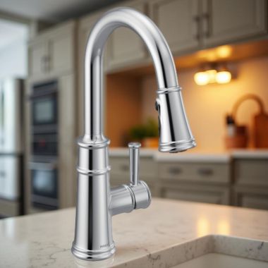 Click here to see Moen 7260 Moen Belfield Single-Handle High Arc Pull-Down Kitchen Faucet w/ PowerBoost, 1.5 GPM, Chrome - 7260