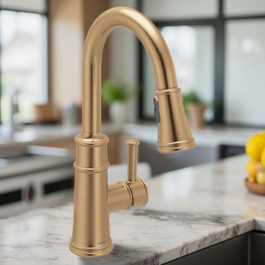 Click here to see   Moen Belfield Single-Handle High Arc Pull-Down Kitchen Faucet w/ PowerBoost, 1.5 GPM, Bronze Gold - 7260BZG