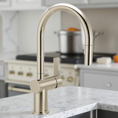 Click here to see   Moen Cia Single-Handle High Arc Pull-Down Kitchen Faucet, 1.5 GPM, Polished Nickel - 7622NL