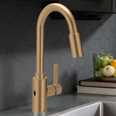 Click here to see   Moen Genta LX Single-Handle High Arc Pull-Down Kitchen Faucet w/ MotionSense Wave, 1.5 GPM, Bronzed Gold - 7882EWBZG 