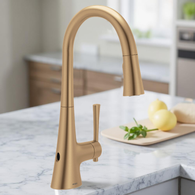 Click here to see   Moen Kurv Single-Handle High Arc Pulldown Touchless Kitchen Faucet w/ MotionSense Wave, 1.5 GPM, Bronzed Gold - 9126EWBZG