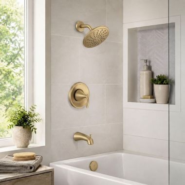 Click here to see Moen T2843EPBZG Moen Glyde Posi-Temp Single-Handle Tub/Shower Trim Kit with Rainshower, 1.75 GPM, Bronzed Gold - T2843EPBZG