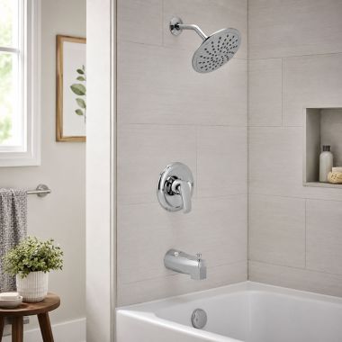 Click here to see Moen TL5302EP Moen Chateau Posi-Temp Single-Handle Tub/Shower Trim Kit with Rainshower, Lever Handle, 1.75 GPM, Chrome - TL5302EP