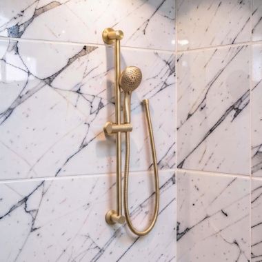 Click here to see Moen 3558EPBG Moen Eco-Performance Handheld Shower with Slide Bar, Round, Five-Funtion, 1.75 GPM, Brushed Gold - 3558EPBG