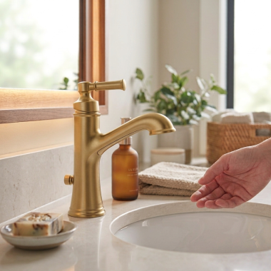 Click here to see Moen 6803BZG Moen Dartmoor Single-Handle High Arc Bathroom Faucet with Metal Pop-Up, 1.2 GPM, Bronzed Gold - 6803BZG