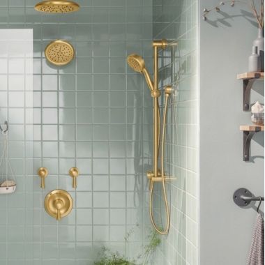 Click here to see Moen S6310BG Moen 7” Round One Function Raincan Shower Head with Immersion, 2.5 GPM, Brushed Gold - S6310BG