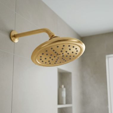 Click here to see Moen S6310EPBG Moen 7” Round One Function Raincan Shower Head with Immersion, WaterSense, 1.75 GPM, Brushed Gold - S6310EPBGG