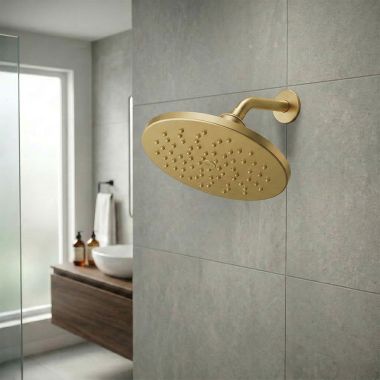 Click here to see Moen S6360BG Moen 8” Single-Function Rainshower Shower Head, Round, Immersion Technology, LifeShine, 2.5 GPM, Brushed Gold - S6360BG