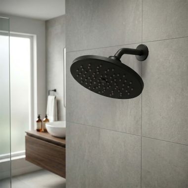 Click here to see Moen S6360BL Moen 8” Single-Function Rainshower Shower Head, Round, Immersion Technology, LifeShine, 2.5 GPM, Matte Black - S6360BL