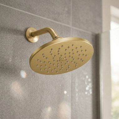 Click here to see Moen S6360EPBG Moen 8” Single-Function Rainshower Shower Head, Round with Immersion Technology, 1.75 GPM, WaterSense, Brushed Gold - S6360EPBG