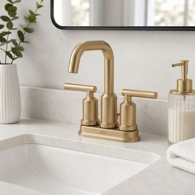 Click here to see Moen 6150BZG Moen Gibson Two-Handle Centerset Bathroom Faucet with Metal Pop-Up Drain, Lever Handle, 1.2 GPM, Bronzed Gold - 6150BZG