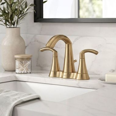Click here to see Moen 6172BZG Moen Glyde Two-Handle Centerset Bathroom Faucet with Pop-Up Drain, Lever Handle, 1.2 GPM, Bronzed Gold - 6172BZG