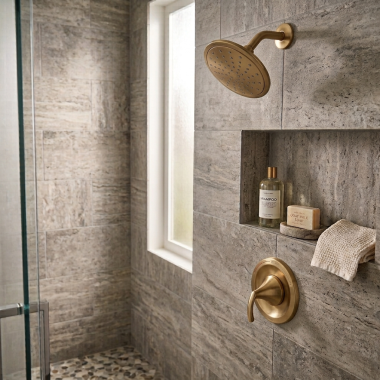 Click here to see Moen T2842EPBZG Moen Glyde Posi-Temp Single-Handle Shower Trim Kit with Rainshower, 1.75 GPM, Bronzed Gold - T2842EPBZG