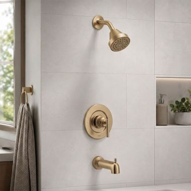 Click here to see Moen T2903EPBZG Moen Gibson Posi-Temp Single-Handle Tub/Shower Trim Kit, 1-Function, Lever Handle, 1.75 GPM, Bronzed Gold - T2903EPBZG