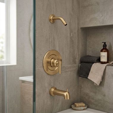 Click here to see Moen T2903NHBZG Moen Gibson Posi-Temp Single-Handle Tub/Shower Trim Kit, Less Showerhead, Lever Handle, Bronzed Gold - T2903NHBZG