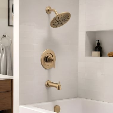 Click here to see Moen T3003EPBZG Moen Gibson Posi-Temp Tub/Shower Faucet with 1.75 GPM Rainshower, 1-Function, Single Lever Handle, M-PACT, Eco-Performance, Bronzed Gold - T3003EPBZG 