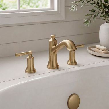Click here to see Moen T683BZG Moen Dartmoor Two-Handle Roman Tub Faucet Trim, High Arc Spout, Lever Handles, ADA-Compliant, M-PACT, Bronzed Gold - T683BZG