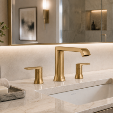 Click here to see Moen T908BZG Moen Genta LX Two-Handle Roman Tub Faucet Trim, Low Arc Spout, Lever Handles, Metal, Bronzed Gold - T908BZG