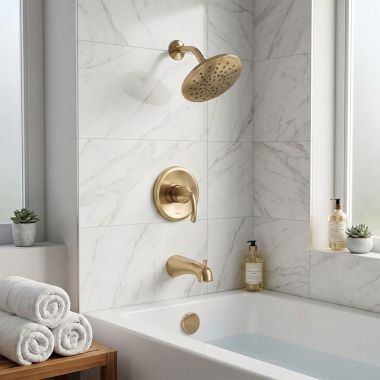 Click here to see Moen UT2843EPBZG Moen Glyde M-Core 2-Series Tub/Shower Faucet with 1.75 GPM Rainshower, 1-Function, M-PACT, Eco-Performance, Bronzed Gold - UT2843EPBZG